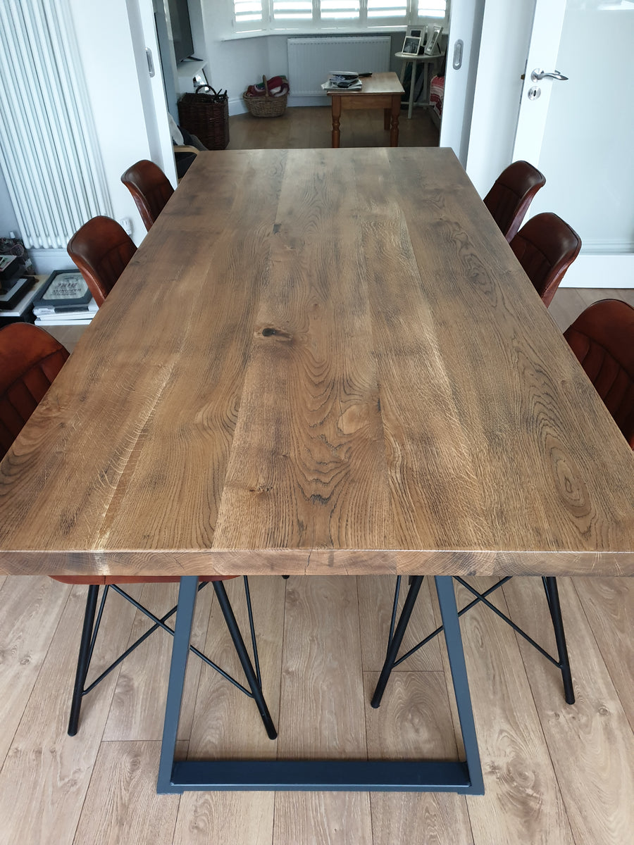 European Oak Dining Table with Natural Finish and Steel X Shape